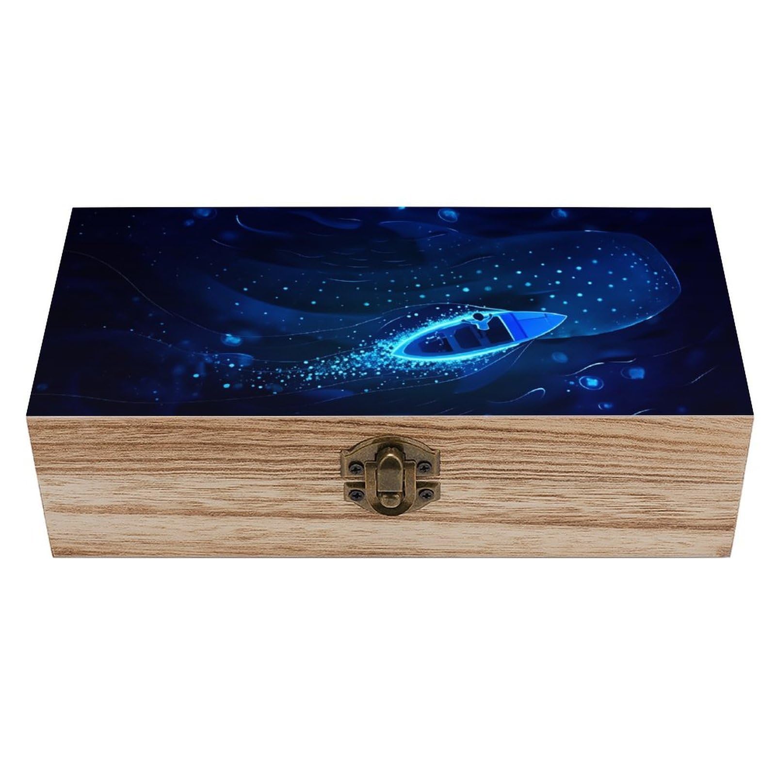HLBSDM Whale & Jellyfish Wooden Storage Box with Hinged Lid,Vintage Gift Box Natural Wood Keepsake Decorative Rustic Jewelry Box 7.9" L*3.9" W*2.3" H