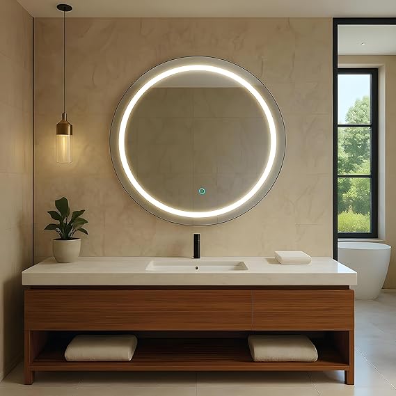 Amazon Basics Round Glass | 24 X 24 Inch Wall-Mounted LED Mirror with Smart Sensor | 3-Color Light (Warm, White, Natural)