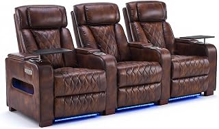 Luxury Home Theater Seating with Electric Headrest (Tan, 3 Seat)