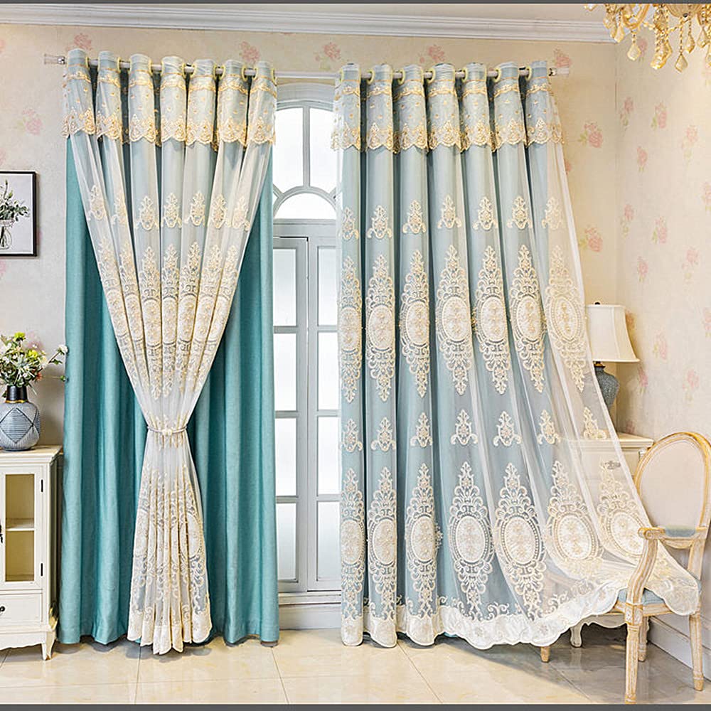 Amidoudou Doppellagen-Vorhänge Mit Volant – 3D-Blumenstickerei, 130x215 Cm, Blau
