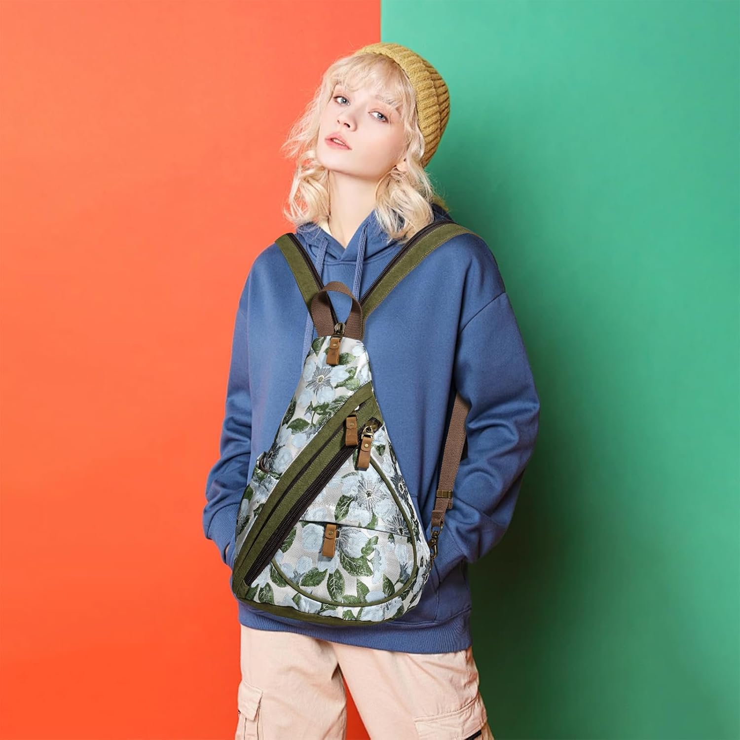 KL928 Canvas Sling Bag - Small Crossbody Backpack Shoulder Casual Daypack Rucksack for Men Women(Embroidery Green) - Image 7