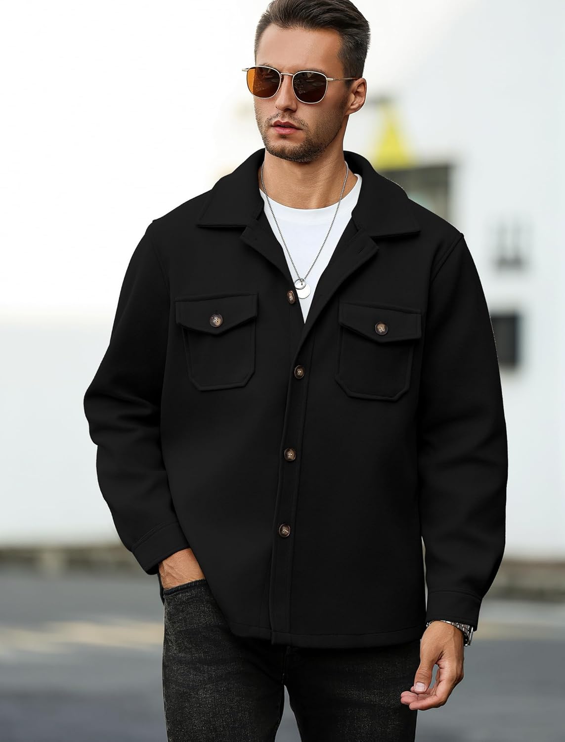 ZAFUL Men's Checked Plaid Color Block Flap Pocket Woolen Turn Down Collar Unisex Coat Long Sleeve Jacket - Image 2