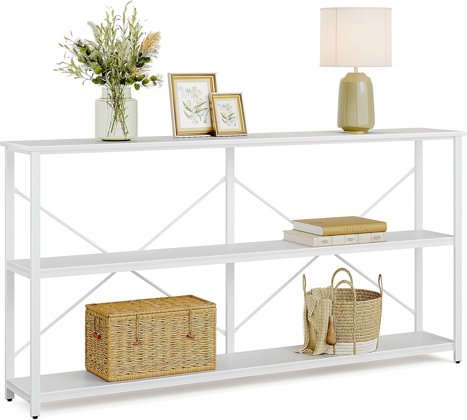 LITTLE TREE 70'' Narrow Long Sofa Console Table with 3-Tier Storage Shelf for Living Room, White