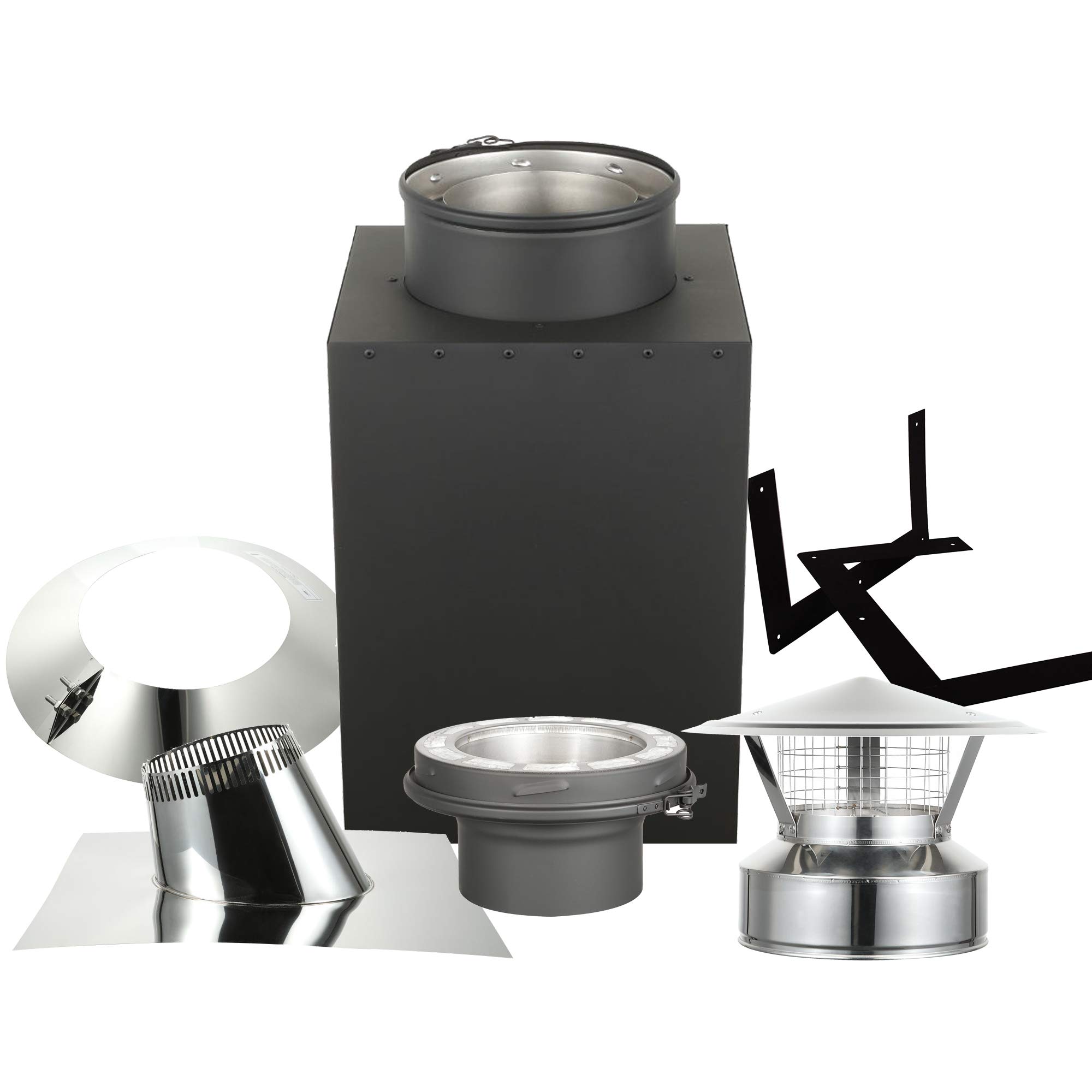 AllFuel HST Cathedral Ceiling Kit with Spark Guard Chimney Cap for 6  Diameter 304 Stainless Steel Class-A Double Wall Chimney Pipe (24 Square  Ceiling Support Box, 1/12-6/12 Pitch Roof Flashing), Stain -