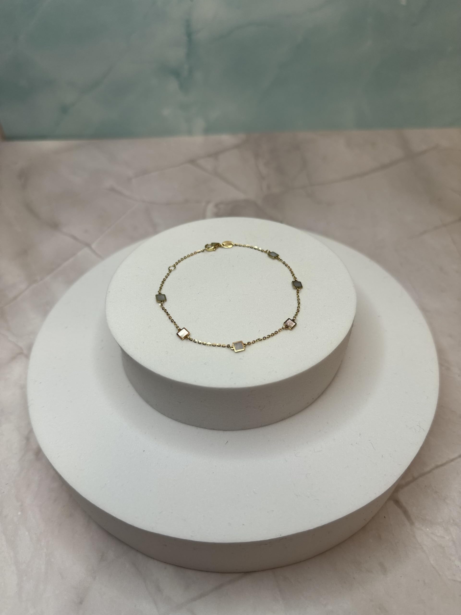 Rodium - Goldkette set mit Perlmutt-Quadrate, Einstellbar, 14 Karat Gold/ 585er Feingehalt, Ideales Geschenke für Damen