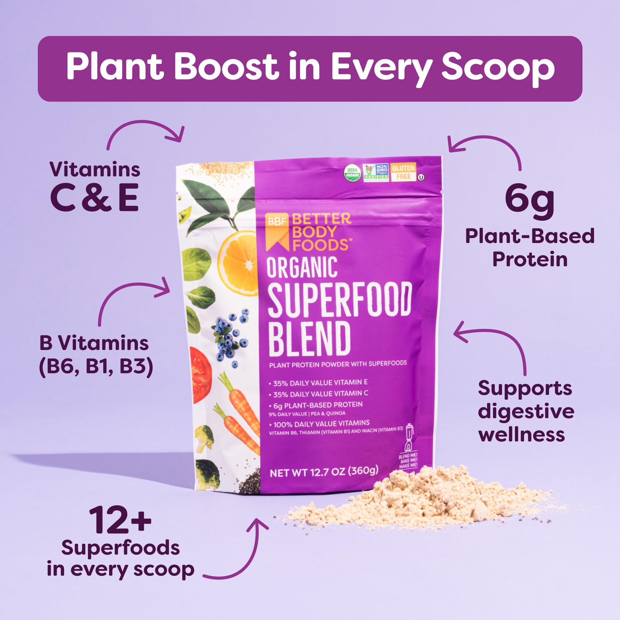 BetterBody Foods Organic Superfood Powder with Protein 12.7 Oz, Vitamins — Amazon image 4