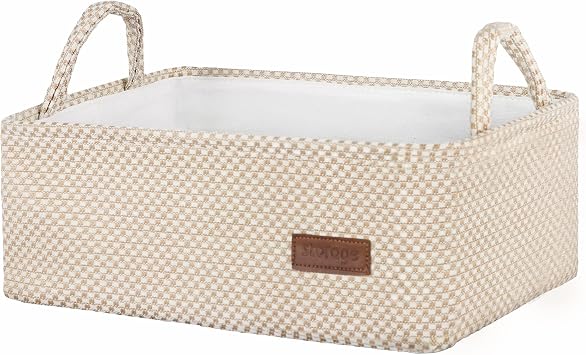 Medium Beige Basket,Cute Decorative Basket Burlap Storage Organizer Bin for Gifts Empty with Handles for Shelves,Closets, Laundry, Nursery,Toys,Books15*10"* 5.3"