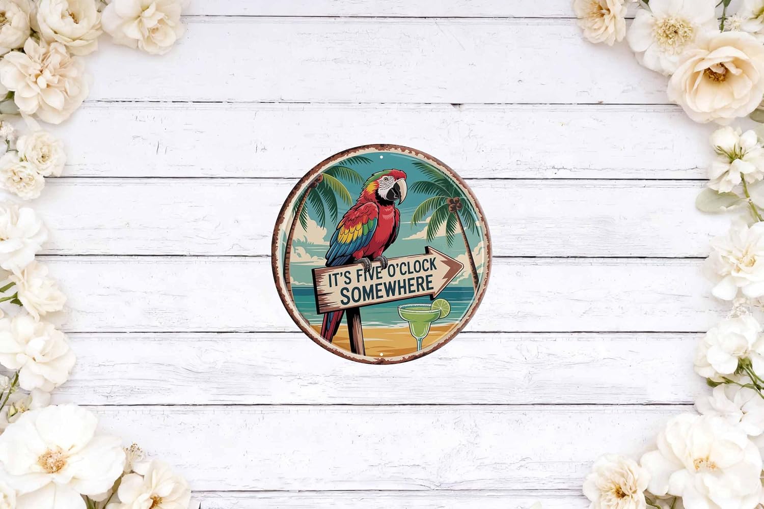 Five O'Clock Somewhere Metal Sign 8x8in Round Bar Plaque for Patio Wall Decor Happy Hour Gift