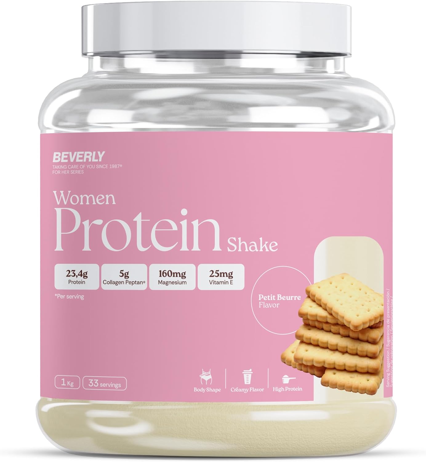 Beverly Women Protein - Proteína de suero especial mujer con colágeno marino, magnesio y vitamina E - 24 g de proteína por servicio - 33 servicios (1 Kg, Petit beurre)