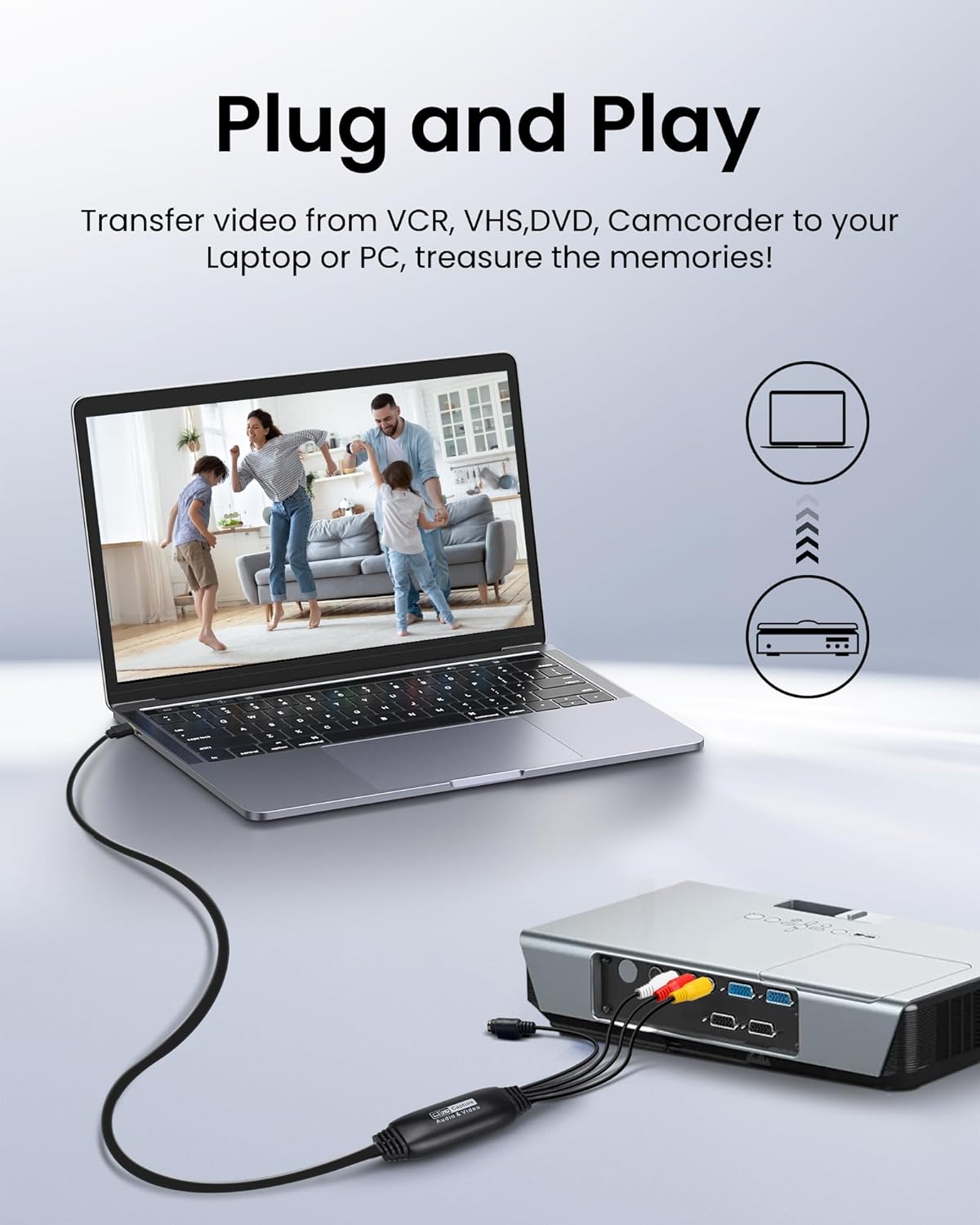 Diagram showing a VCR connected to the avedio links converter, which is then connected to a laptop