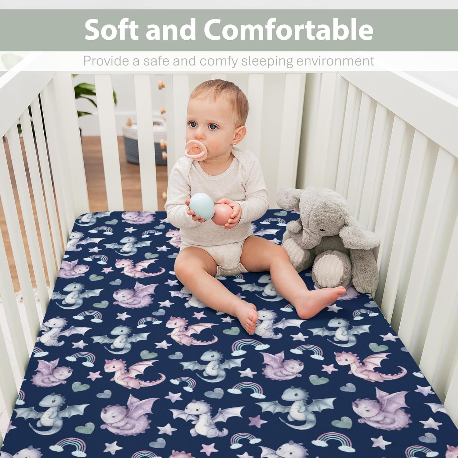 Fairytale Dragon Love Stars Rainbow Baby Crib Sheets for Boy Girl 28"x52" Cute Dragons Purple Soft Snug Fitted Crib Mattress Cover Fantasy Animal Baby Sheet for Standard Crib & Toddler Bed Mattress