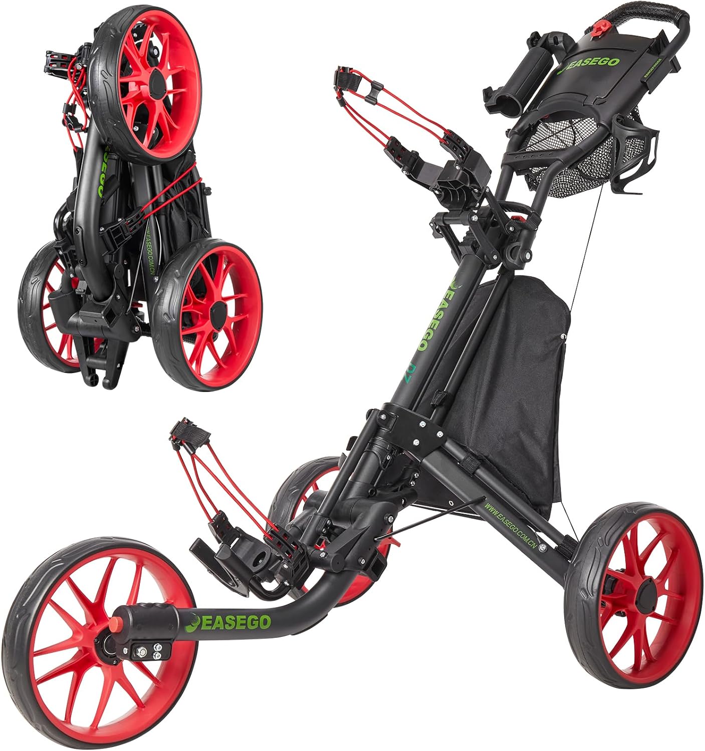 Golf Push Cart 3 Wheel : Golf Bag Cart Foldable with Phone Holder/Cup/Umbrella Holder Compact Golf Pull Carts Quick Fold Golf Caddy Push Carts with Large Wheelbase for Different Terrain (red)