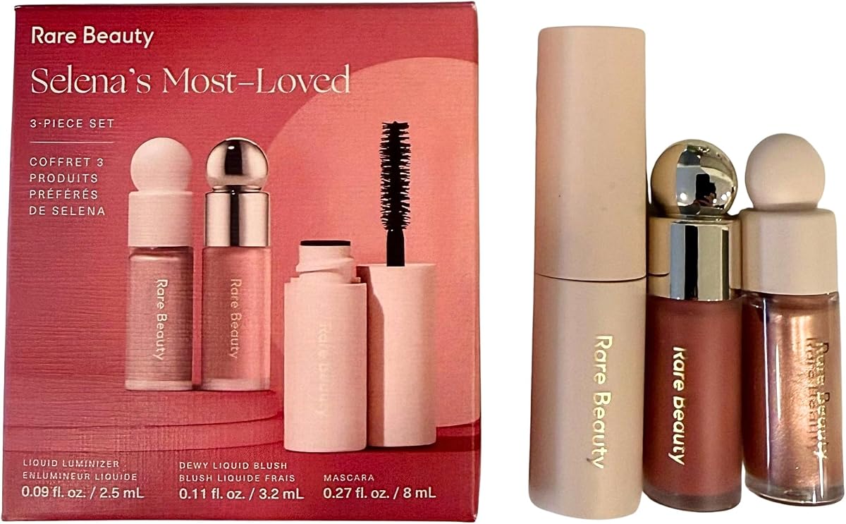 Rare Beauty El mini set de maquillaje de 3 piezas más querido de Selena con rubor, iluminador y rímel