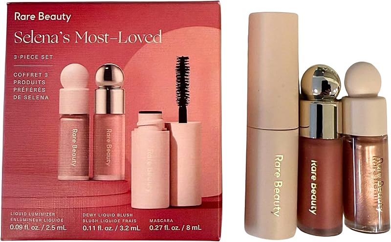 Rare Beauty El mini set de maquillaje de 3 piezas más querido de Selena con rubor, iluminador y rímel