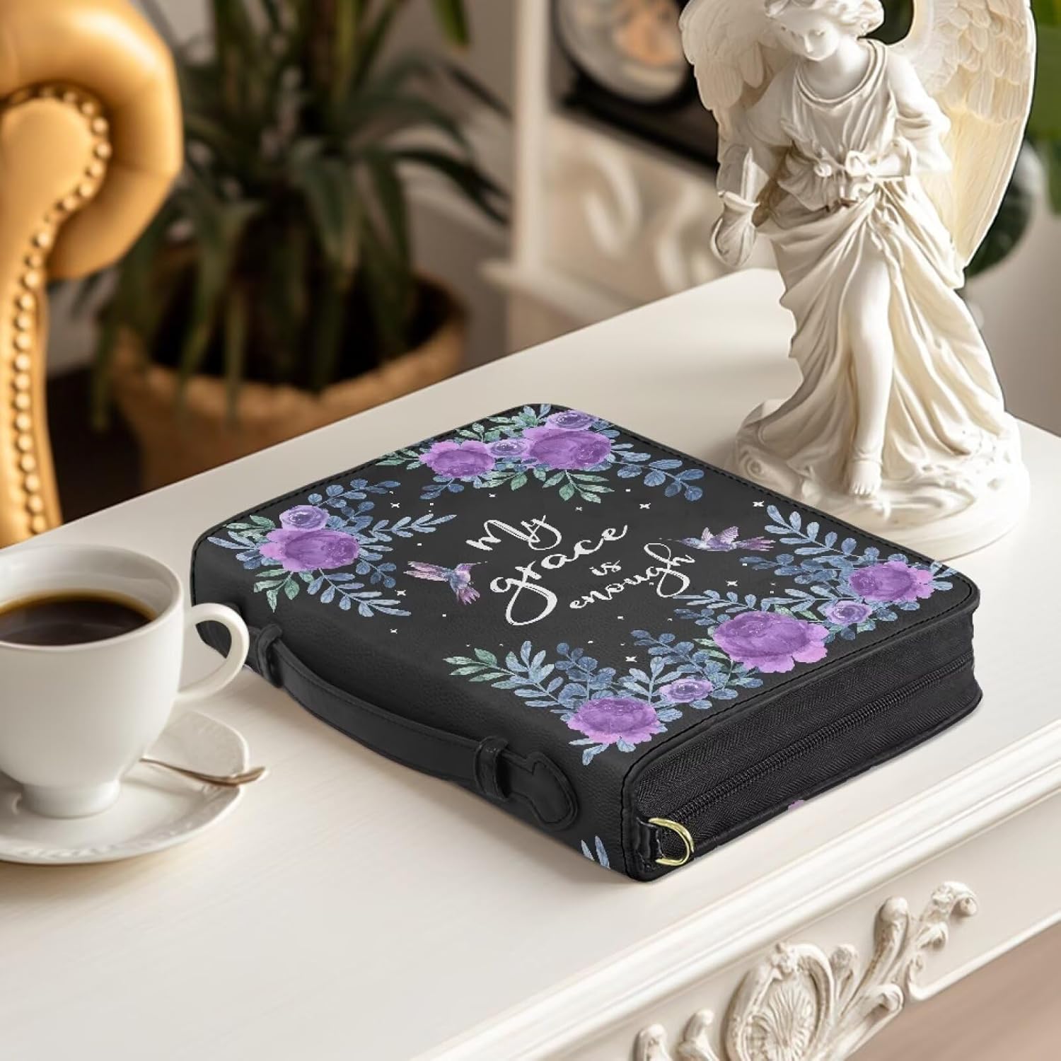 Bible Cover for Girls Women Durable Bible Carrying Book Case with Multi-Pockets,Pen Slots Organizer Zipper Design Purple Rose