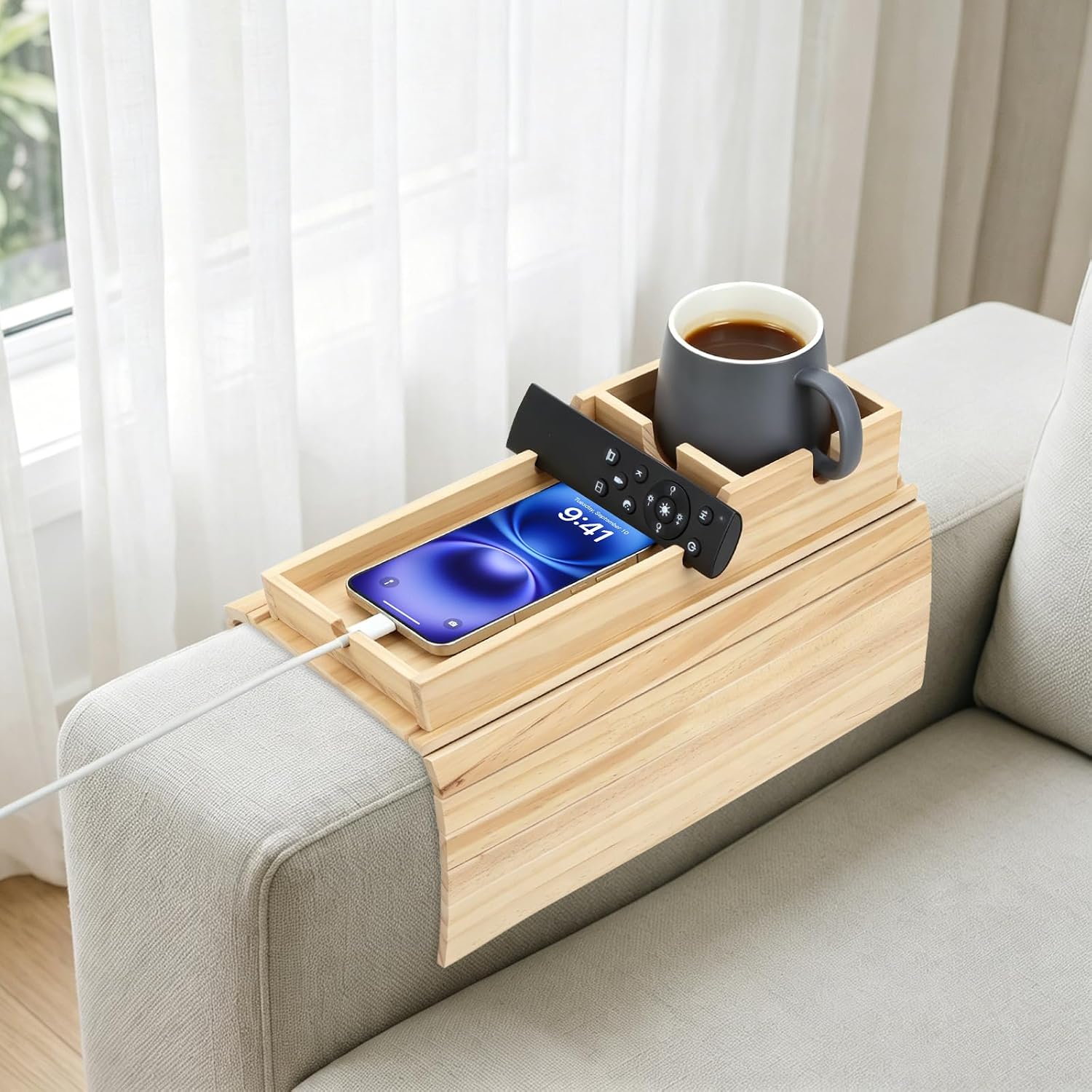Bamboo Wood Sofa Armrest Tray, Couch Arm Tray with Detachable Couch Cup Holder, 2 in 1 Anti-Slip Foldable Sofa Armchair Caddy Table for Tea TV Remote Cellphone Snacks