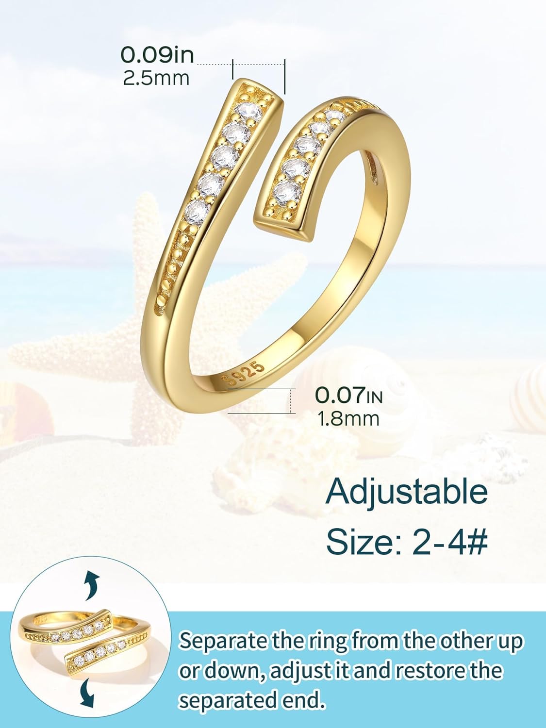 ChicSilver Sterling Silver Toe Rings for Women 14K Gold Plated Toe Rings for Women Open Adjustable Toe Ring for Women Toe Jewelry for Summer Beach - Image 5