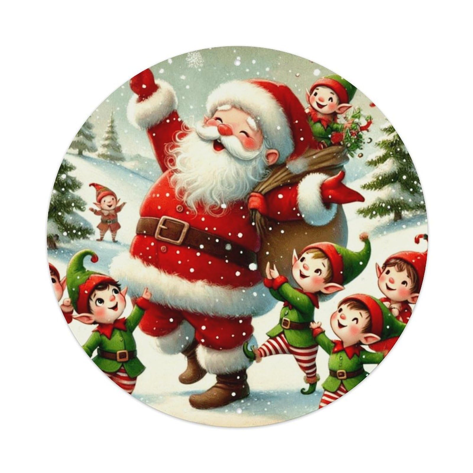 Santa Claus With Elves Vintage Metal Tin Sign Retro Wall Decor for Home Bar Garage Cafe, Indoor & Outdoor Decorative，circle Metal Poster, 8x8 Inch