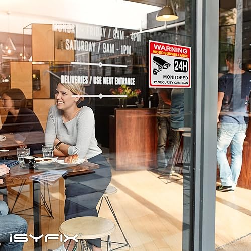 Miniatura 8 de iSYFIX Adhesivo de señal de advertencia de videovigilancia, paquete de 2 unidades de 14 x 10 pulgadas, vinilo autoadhesivo de alta calidad, laminado