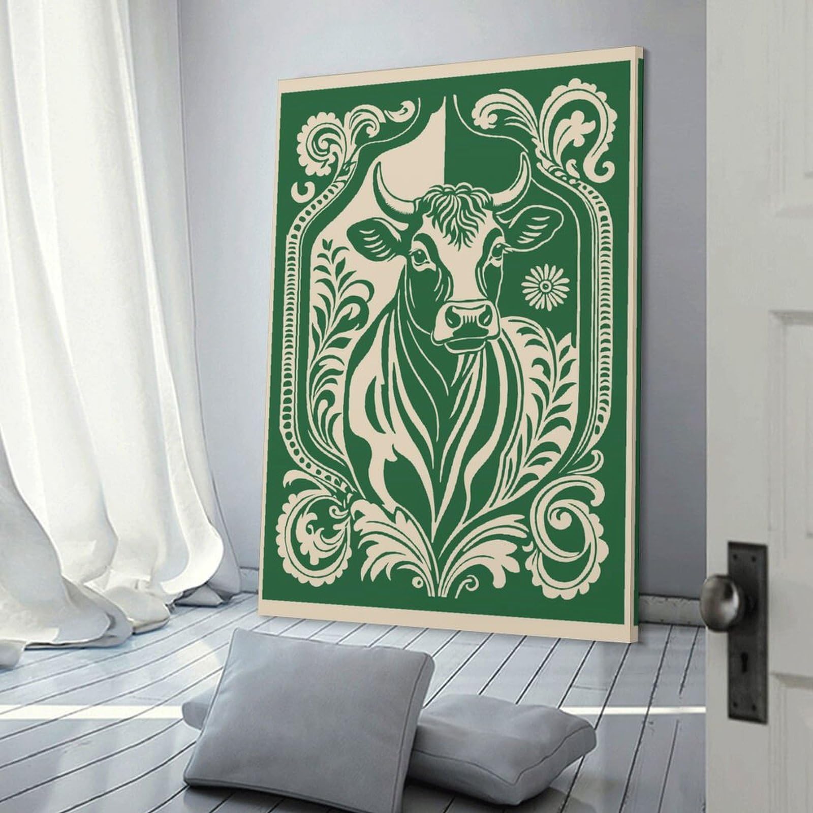 Junmoney Stylized Bull Portrait with Floral Border Wall Decor Canvas Print, 20x30inch(50x75cm), for Living Room, Bedroom Or Home Office, Home Decor Gift with Stylish Appeal
