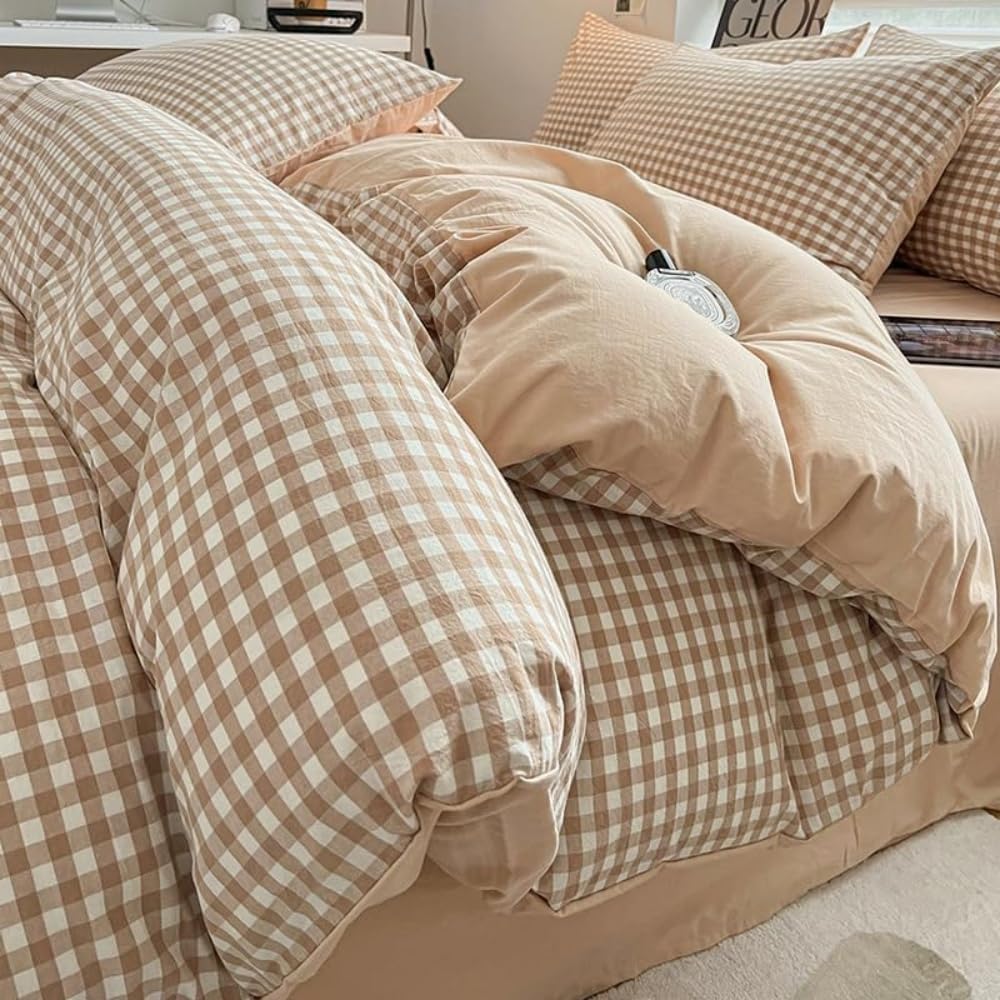 Nyescasa Beige Gingham Duvet Cover Single Beige Brown Gingham Plaid Checkered Grid Bedding Set Check Modern Washed Microfibre Comforter Cover 135x200 cm with Zipper Closure and 1 Pillowcase 50x75 cm