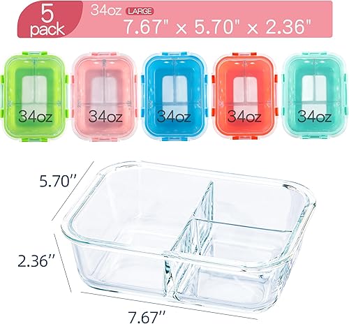Miniatura 2 de Paquete de 5 recipientes de vidrio para preparación de comidas, 3 compartimentos con tapas, recipientes de almacenamiento de vidrio divididos con