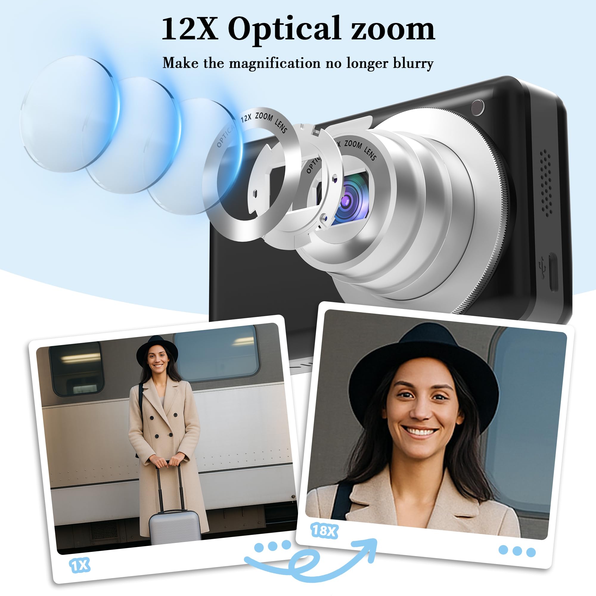 Fotocamera digitale 4K 64MP: zoom ottico 12X fotocamera digitale compatta portatile con autofocus, anti-shake e scheda tascabile da 64 GB per vlogging viaggi per adulti adolescenti studenti