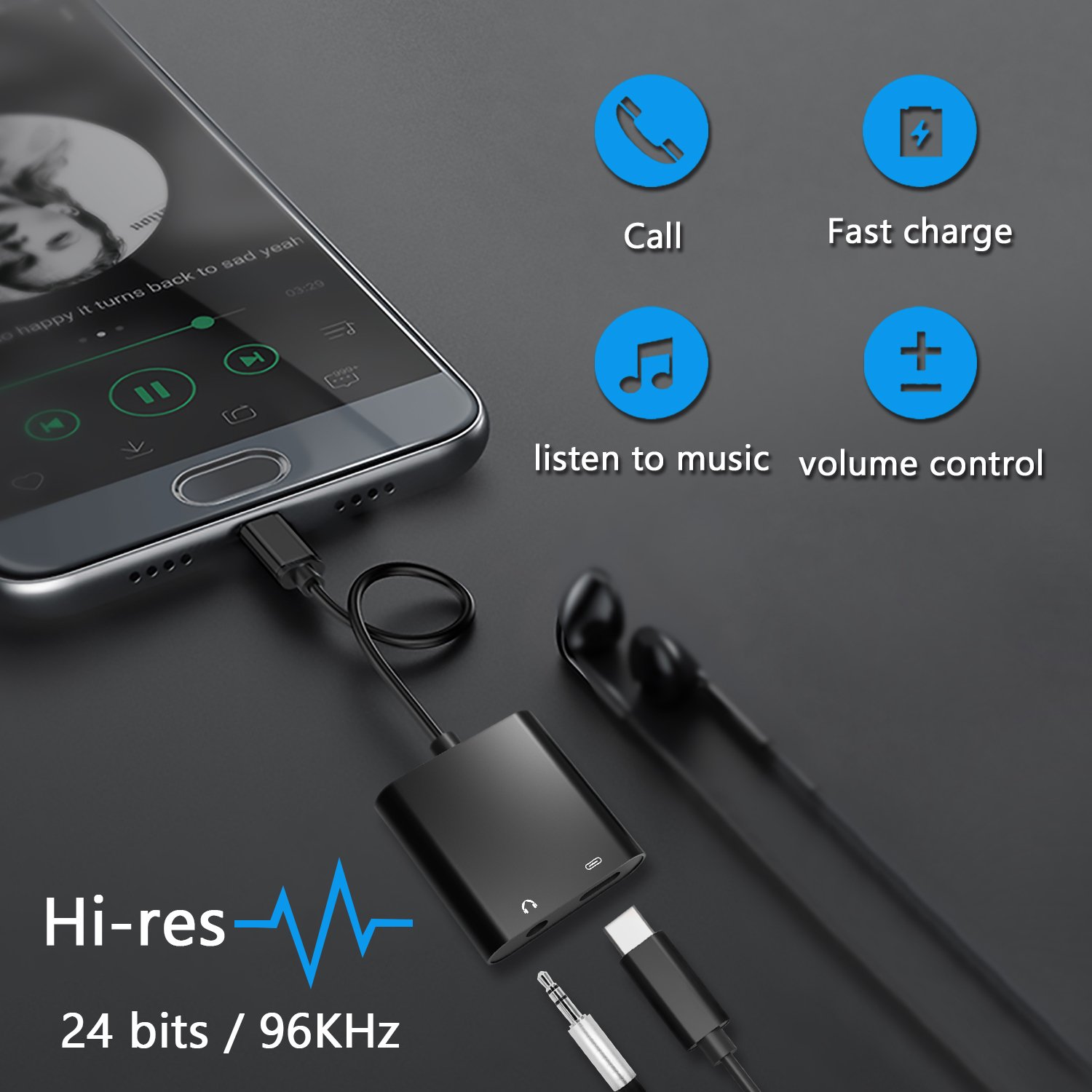 VIMVIP Type C to 3.5mm Audio Adapter, 2 in 1 USB Type C to 3.5mm Headphone Female Extension Cable with Fast Charger Splitter (Black)