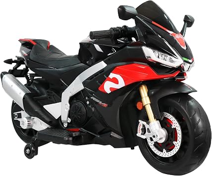 Aprilia 24V Kids Electric Motorcycle, Black | Long Battery Life, Thread Wheels, Training Wheels, Large Seat