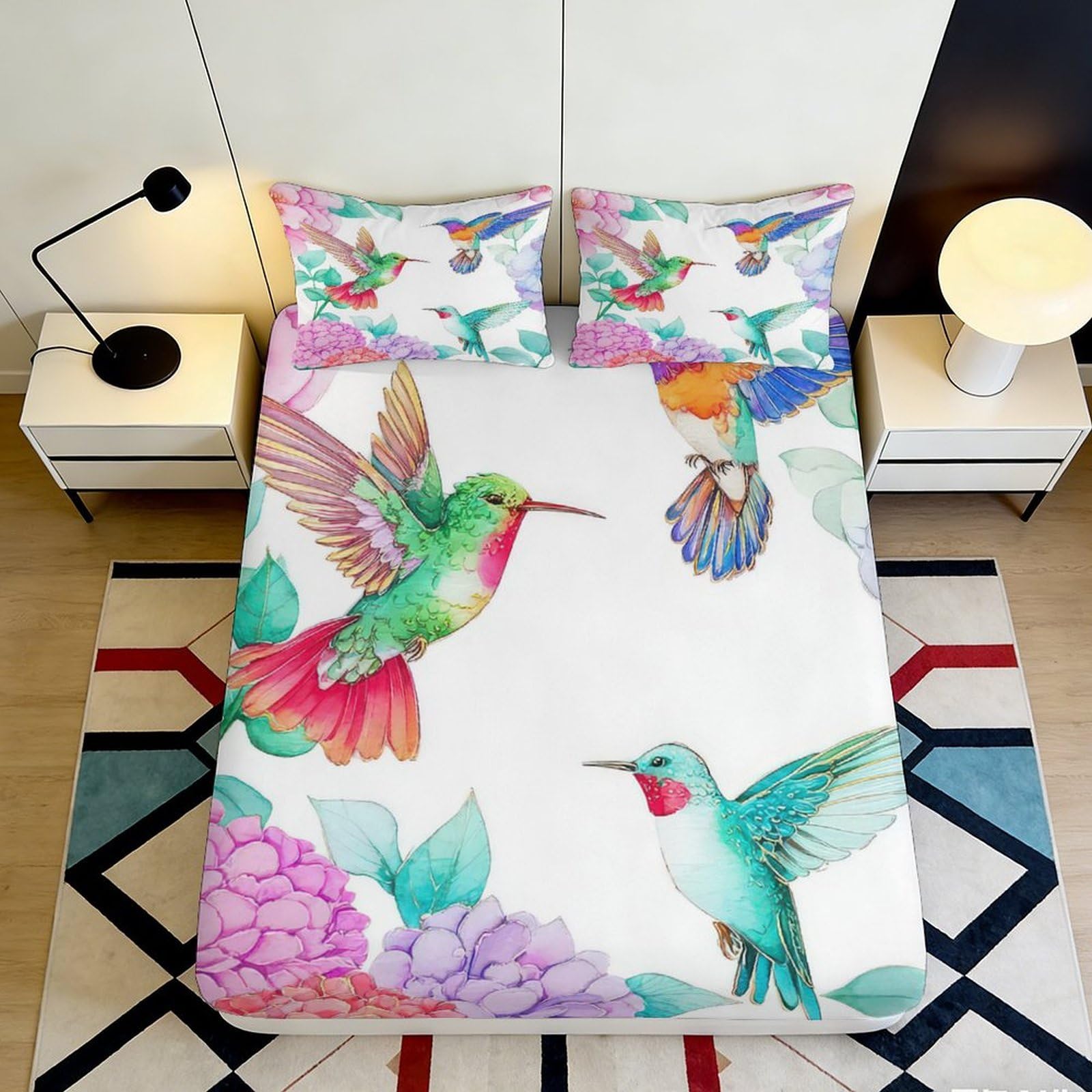 3D Printed Hummingbird Floral Fitted Sheet Microfiber Colorful Bird Mattress Cover Bedroom Decor Anti-Slip Washable 140x200x25cm