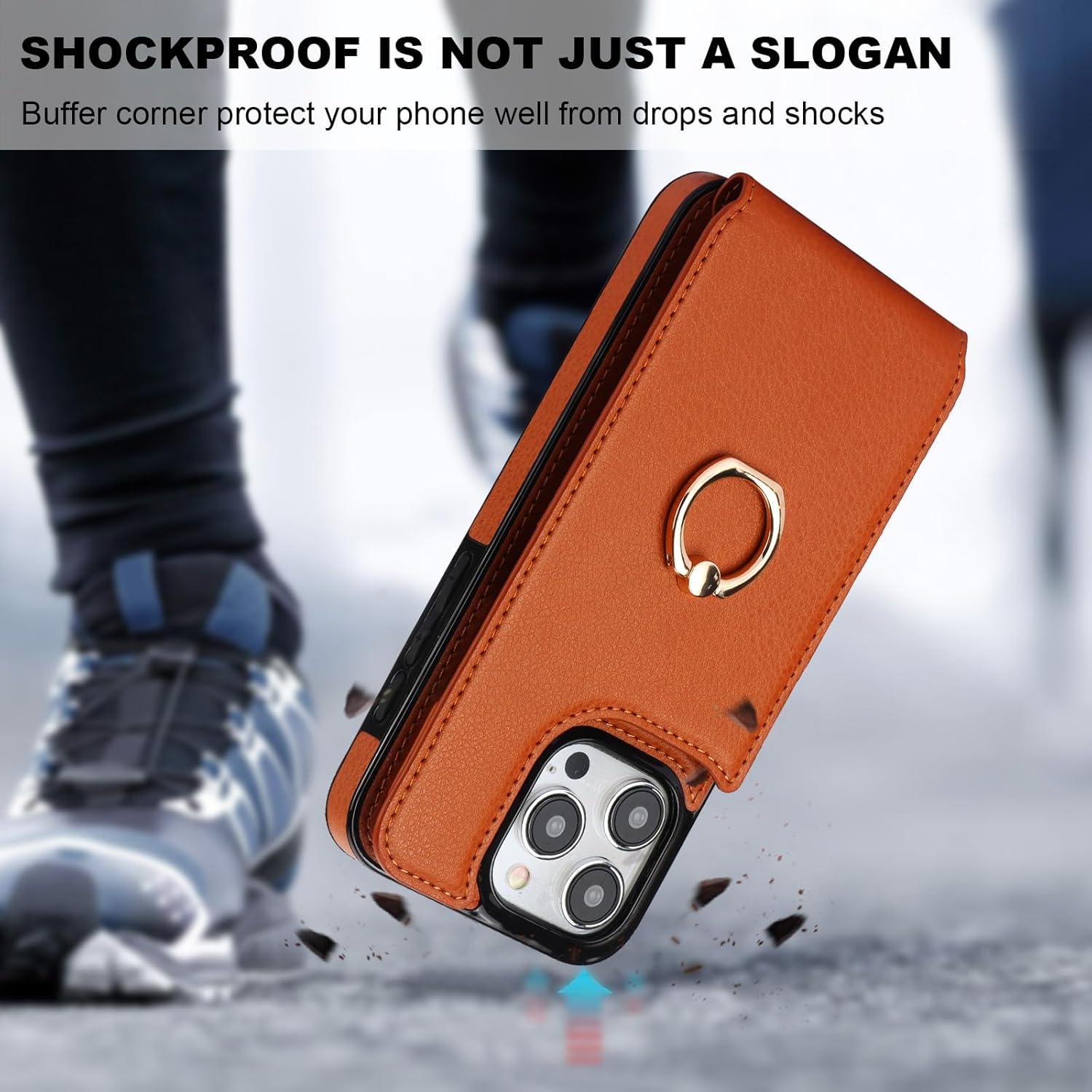 Folosu Compatible with iPhone 15 Pro Max Case Wallet with Card Holder, 360°Rotation Finger Ring Holder Kickstand, RFID Blocking Leather Protective Double Buttons Shockproof Cover 6.7 Inch Brown