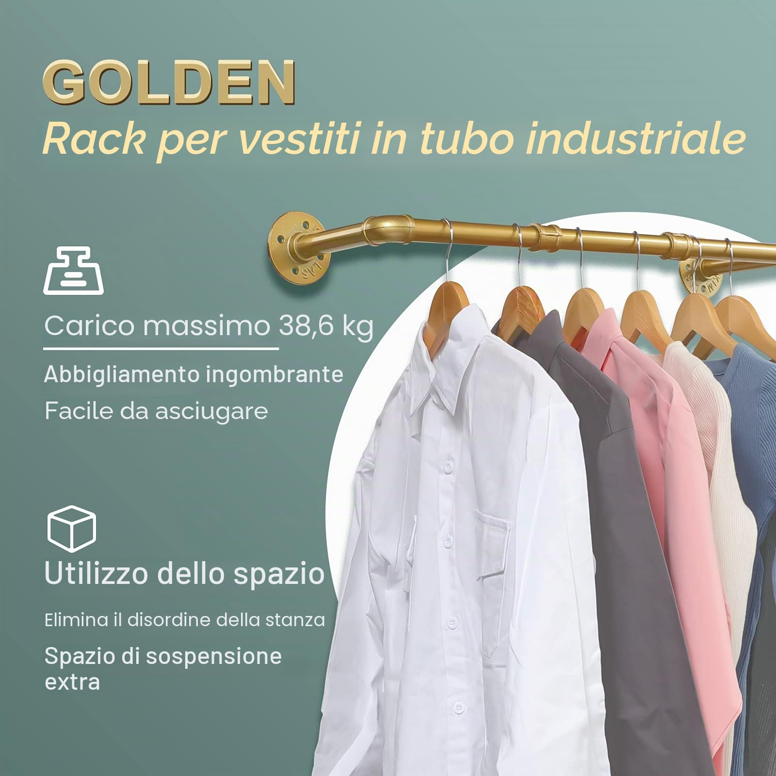 Ihomepark - Appendiabiti industriale in tubo dorato, appendiabiti da parete o soffitto, 40 pollici, in ferro dorato, barra per appendere i vestiti, asta in metallo resistente per esposizione al