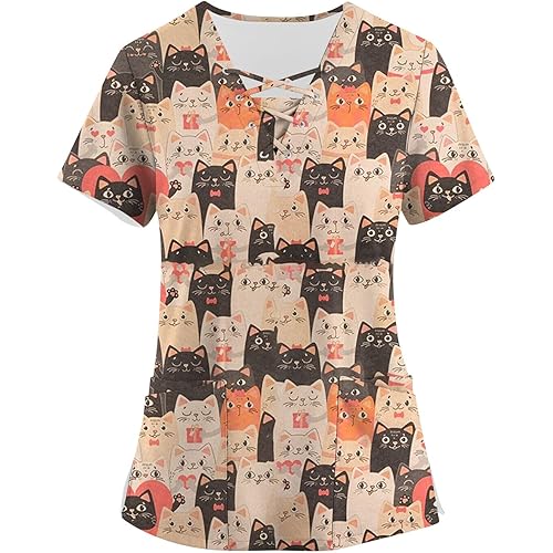 HXHYQKP Womens Plus Size Scrub Tops 2024 Print Nurse Uniforms for Women Short Sleeve V-Neck Shirts Tops with Pockets