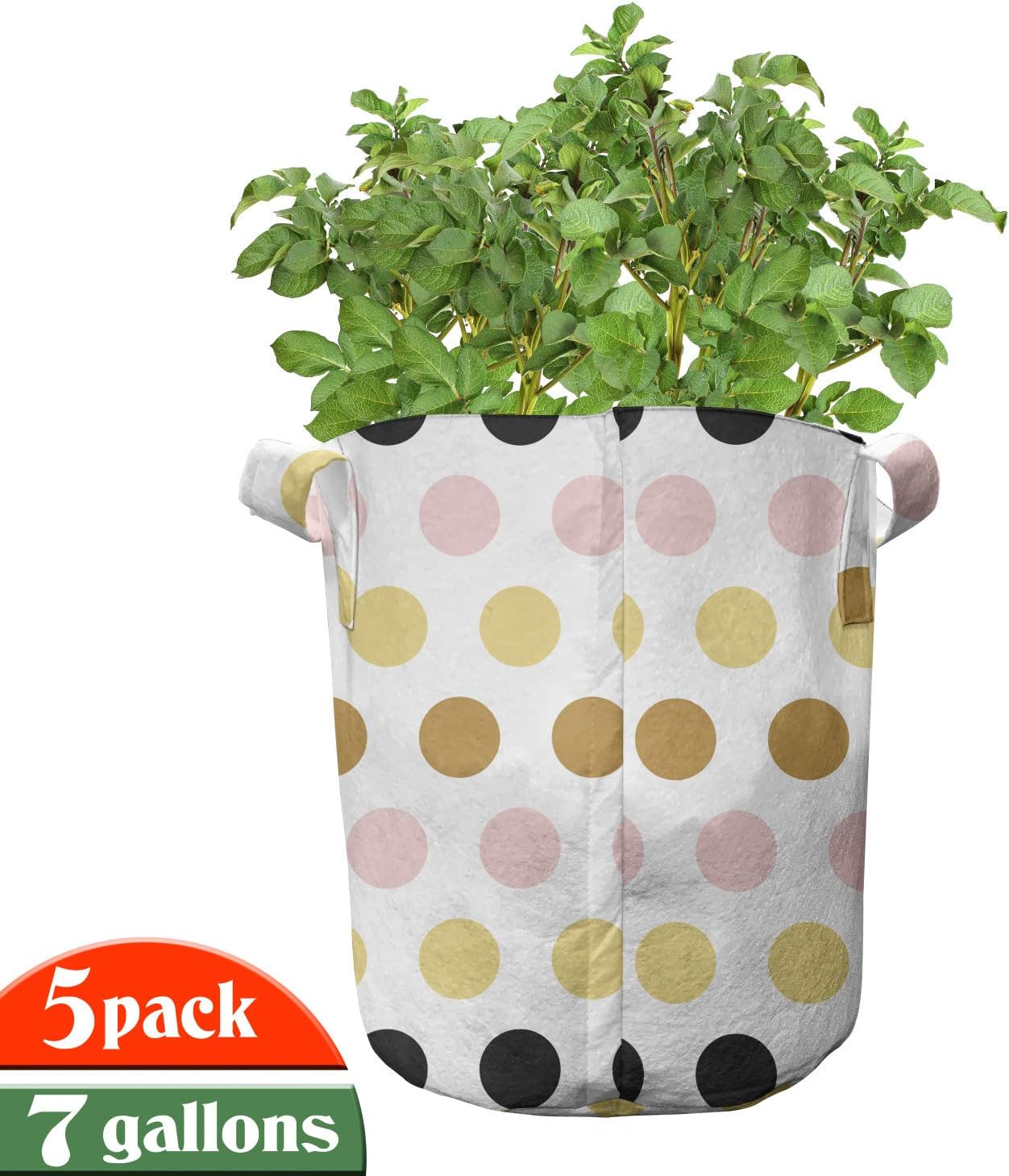 Ambesonne Polka Dots Grow Bags 5-Pack, Symmetrical Rounds Art, Heavyduty Fabric Pots with Handles for Plants, Coffee Multicolor