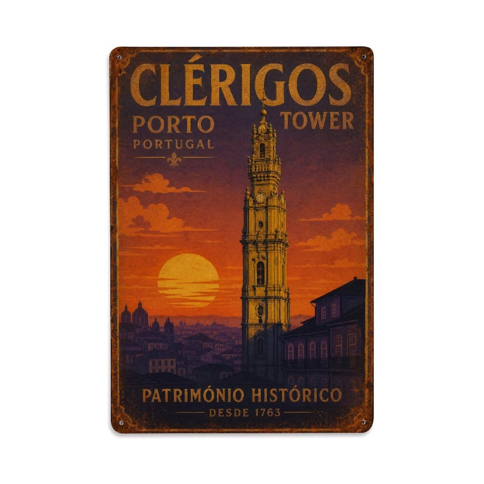 Huiyhb 8X12inch(20X30cm) Vintage Travel Torre Clerigos Sunset Golden Hour Portugal Metal Tin Sign