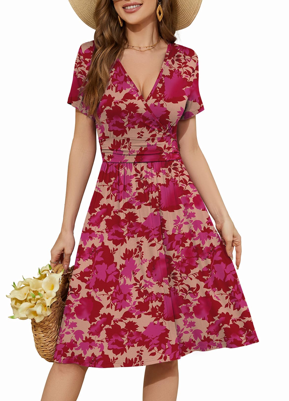 WEACZZY Women's Summer Short Sleeve Casual Dresses V-Neck Floral Party Dress with Pockets