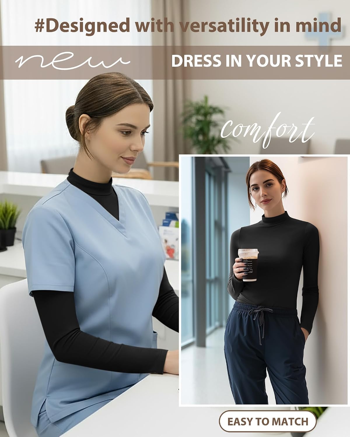 Xaatren 4 Pack Women's Long Sleeve Underscrub Shirt Mock Neck Slim Fit Tops Lightweight Thermal Base Layer Scrubs Undershirts