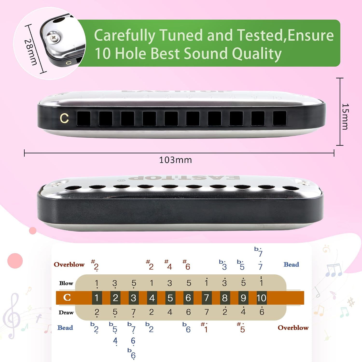 East top Harmonica,Smoothly Rounded Edge 10 Holes C Key Blues Mouth Organ Harmonica for Students as Gift,with Fabric Cloth Pouch - Image 5