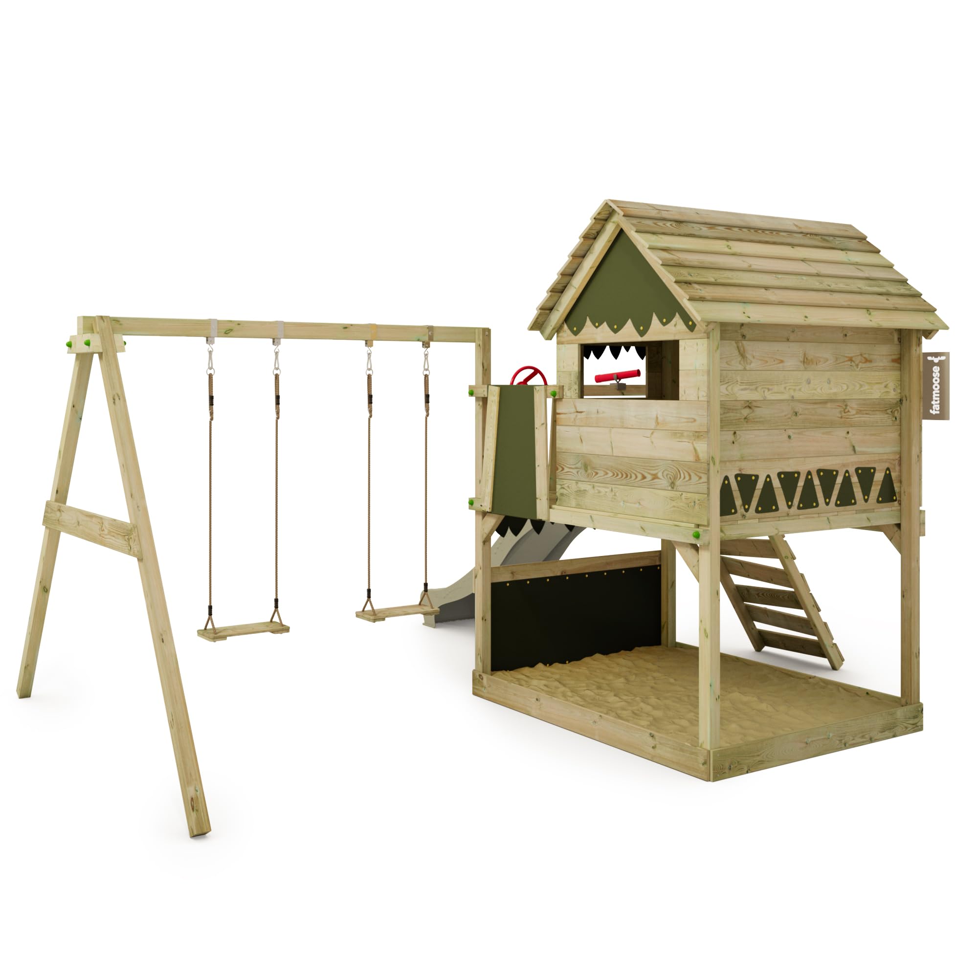 FATMOOSE Spielturm TikaTaka Town XXL, salbeigrüne Rutsche | Klettergerüst, mit Schaukel, Outdoor Kinder Kletterturm, mit Sandkasten Leiter, Spiel-Zubehör für den Garten