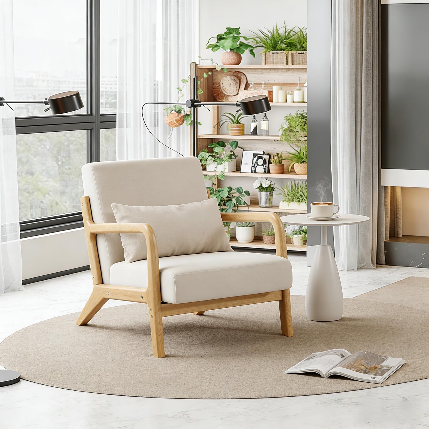 Solid Wood Accent Chair Mid-Century Modern Lounge Armchairs, Fabric Upholstered Soft Comfy Living Room Chairs with Armrest Waist Cushion Pillow for Office Reading Waiting Room (Off-White)
