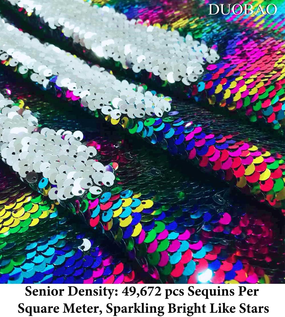 DUOBAO Sewing Fabric by The Yard 2 Yards Rainbow to Silver Color Change Material Double Sided Mermaid Sequin Fabrics for Evening Cothes Wedding Decoration