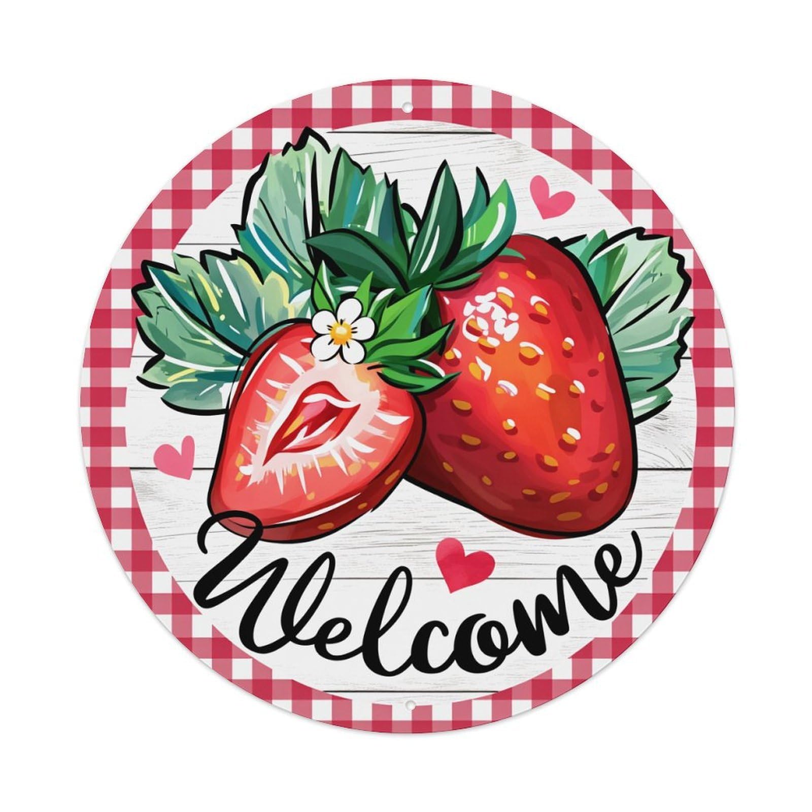 Strawberry Welcome Heart Pattern Print Round Tin Sign Retro Metal Sign for Cafe Bar Pub Home Game Room Gym Club Wall Decoration Vintage Metal Poster 8x8 Inch