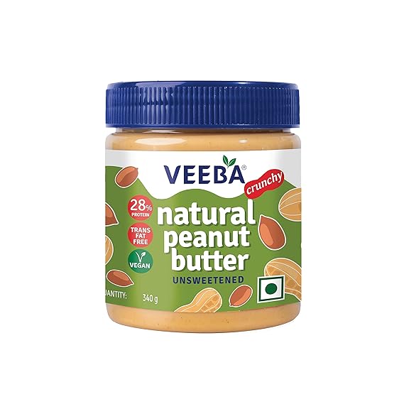 VEEBA Natural Peanut Butter Crunchy Unsweetened, (100 Peanuts) Jar