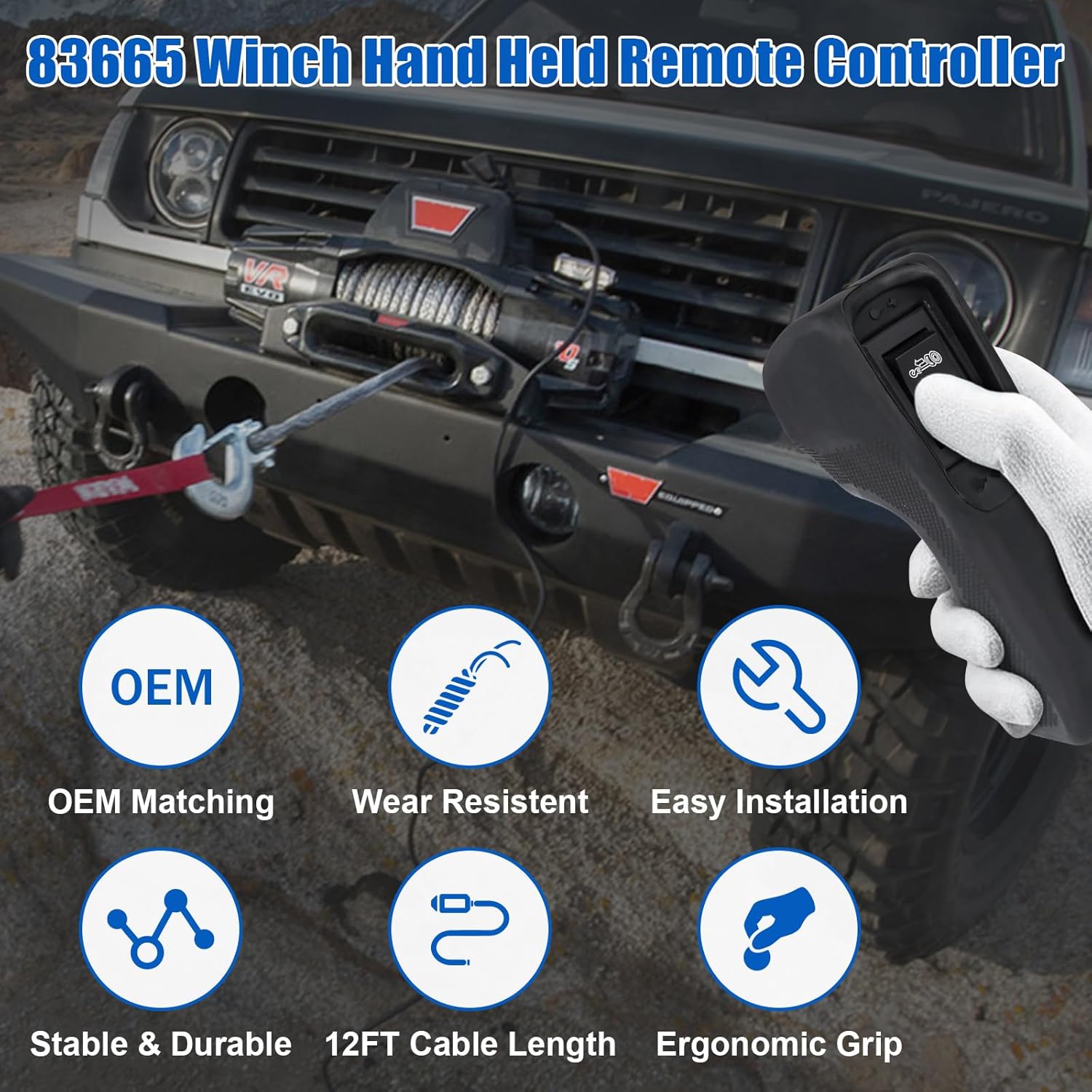 83665 Plug-in Truck Winch Remote Controller Replacement for WARN M8000 M12000 VR12000 Zeon 10S - Compatible with Ford Dodge Ram Power Wagon - Handheld Control with 12ft D-Shape Cable & Ergonomic Grip