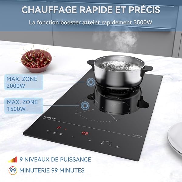 Hermitlux Domino plaque induction 2 feux encastrable, plaque induction Vitrocéramique noire avec 9 niveaux de puissance et fonction Boost, contrôle tactile & sécurité enfants, 30CM, 3500W - 3