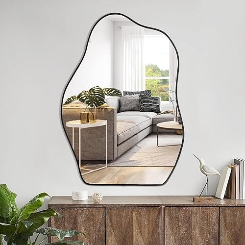 Miniatura 7 de POZINO Espejo asimétrico, espejo irregular negro, espejo único en forma de nube Morden para sala de estar, baño, dormitorio, entrada, decoración del
