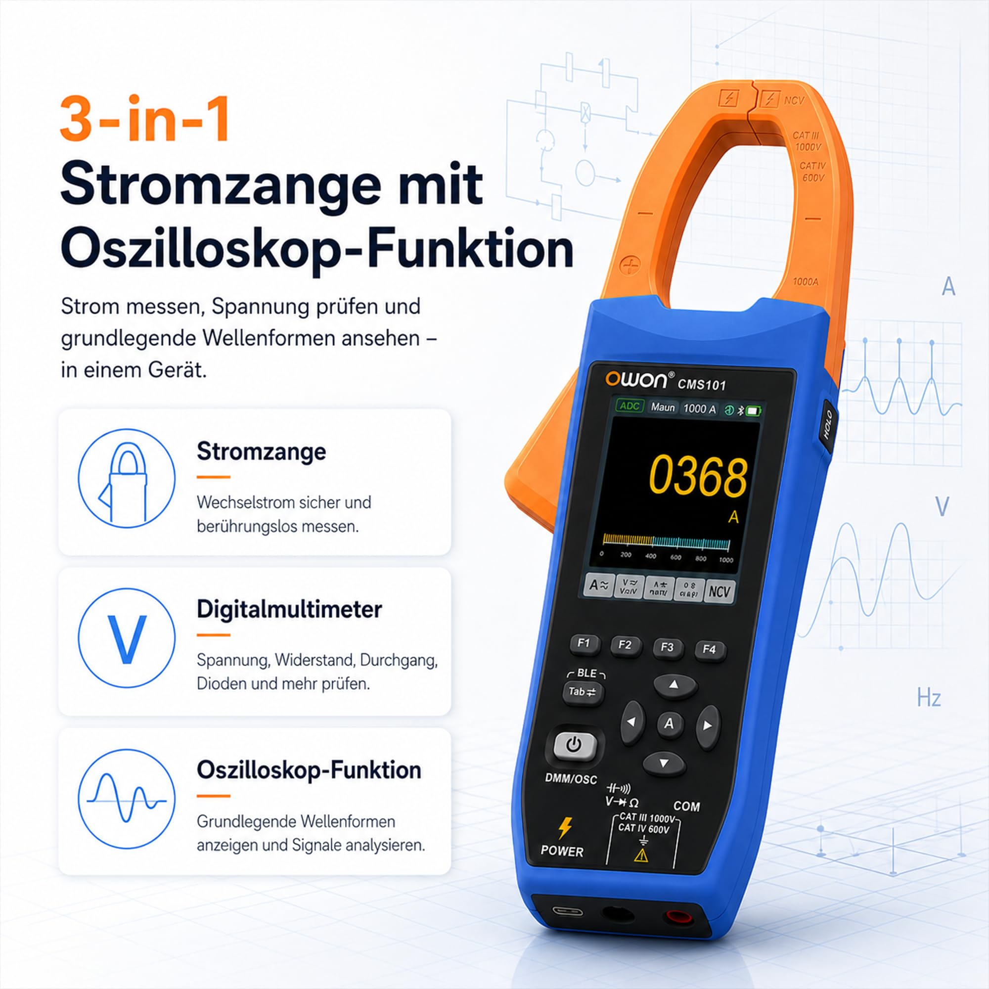 CMS101 3-in-1 AC/DC Stromzange mit Oszilloskop, True RMS, 1000A/1000V, 5MSa/s Wellenformanzeige, Bluetooth-Logging, Einschaltstrom, 20.000 Zählwerte, wiederaufladbar für Elektro-, HLK- und Kfz-Diagnos