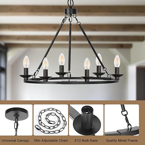 Miniatura 4 de Candelabro negro de granja, lámpara de 6 luces con ruedas de carro con altura ajustable, lámpara de comedor, luces colgantes para isla de cocina,