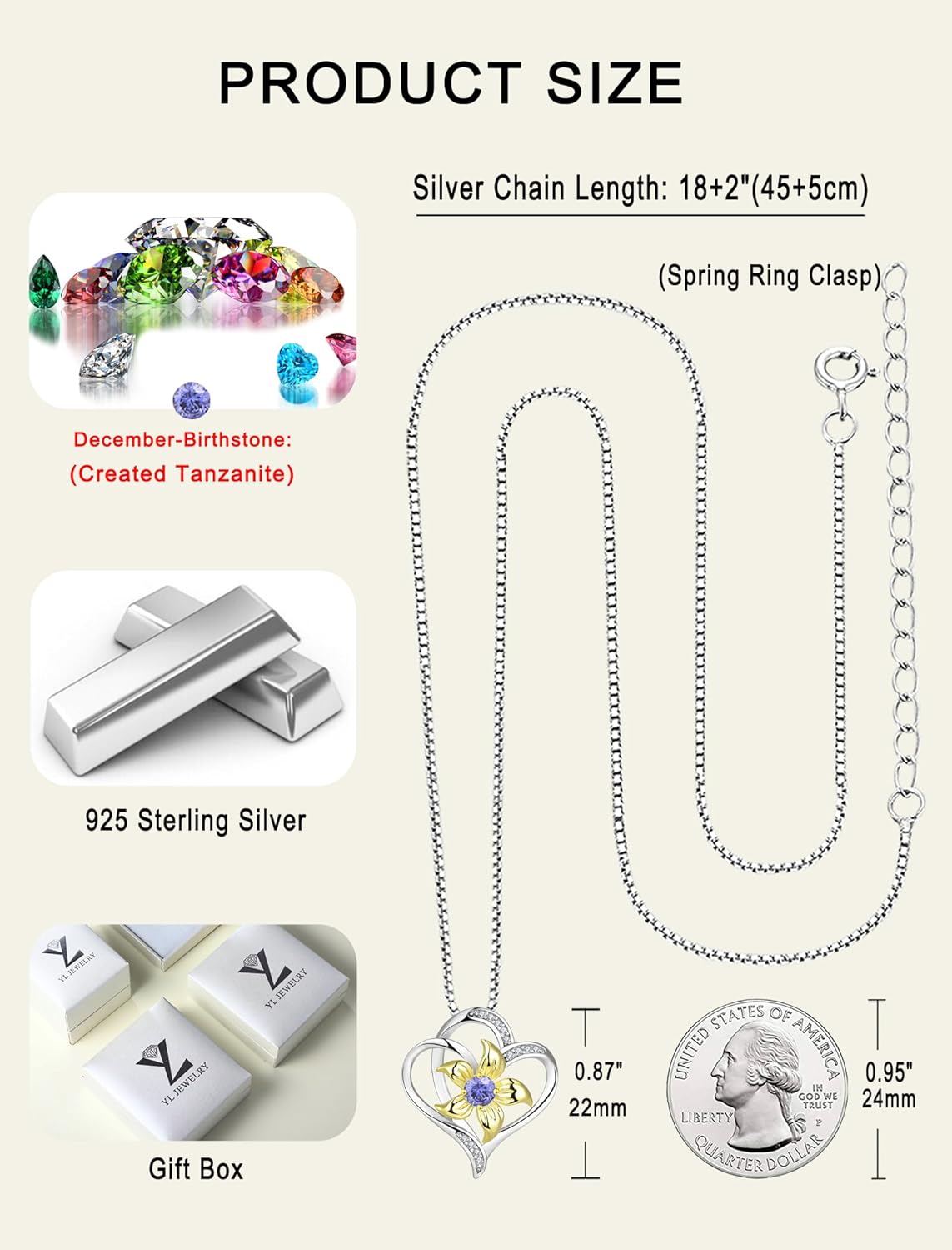 YL Women's Heart Necklace 925 Sterling Silver Lily Flower Love Pendant Birthstone Jewelry