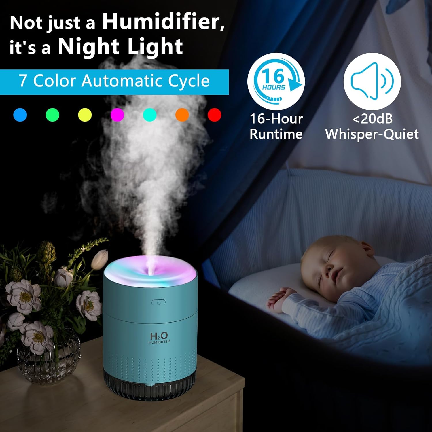 SZO 5 Humidifier & 15 Humidifier Cotton Sticks Filter, USB Rechargeable Humidifier, 4 Modes Super Quiet, Humidifiers For Bedroom
